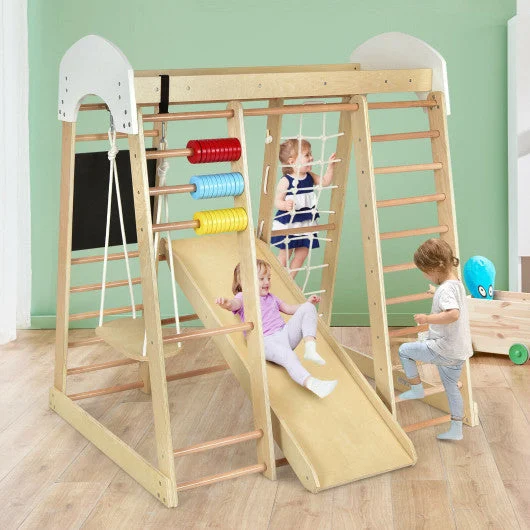 COSTWAY Indoor Playground Climbing Gym Wooden 8-in-1 Climber Playset for Children-Natural