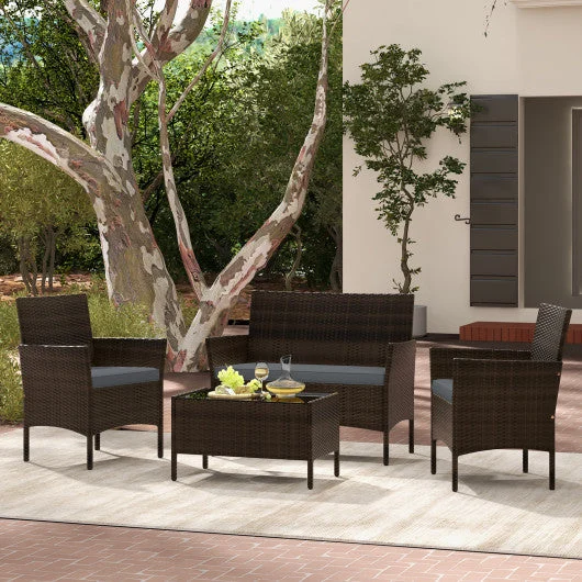 COSTWAY 4 Piece Patio Rattan Conversation Set With Cozy Seat Cushions-Gray