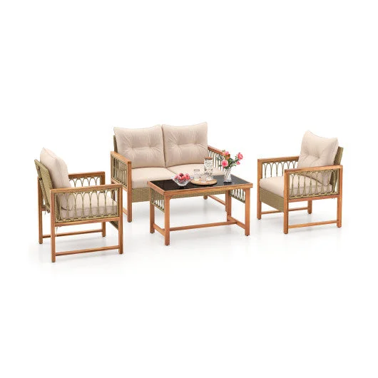 COSTWAY 4 Pieces Outdoor Patio PE Wicker Conversation Bistro Set With Acacia Wood Frame-Brown