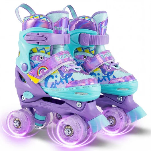 COSTWAY 4 Sizes Adjustable Kids Roller Skates With Light-Up Wheels and Safety Protection S Size-Purple