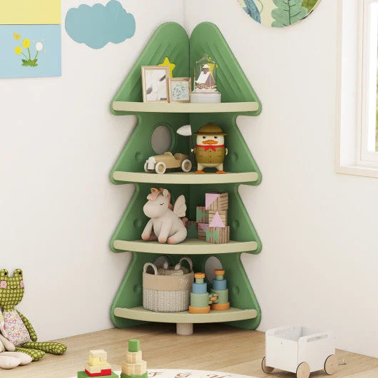 COSTWAY 4-Tier Kids Corner Bookshelf Baby Display Shelf for Kids Room-Green