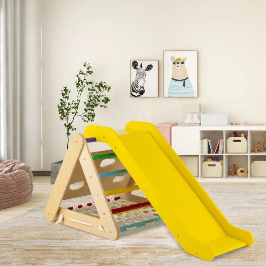 COSTWAY 4 in 1 Triangle Climber Toy With Sliding Board and Climbing Net-Multicolor