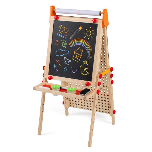 COSTWAY 4-in-1 Wooden Kids Art Easel Double-Sided Foldable With Paper Roll and Storage Tray