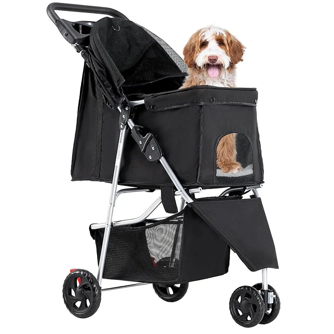 KMFurnila 3 Wheel Pet Stroller for Dogs and Cats - Matte Black