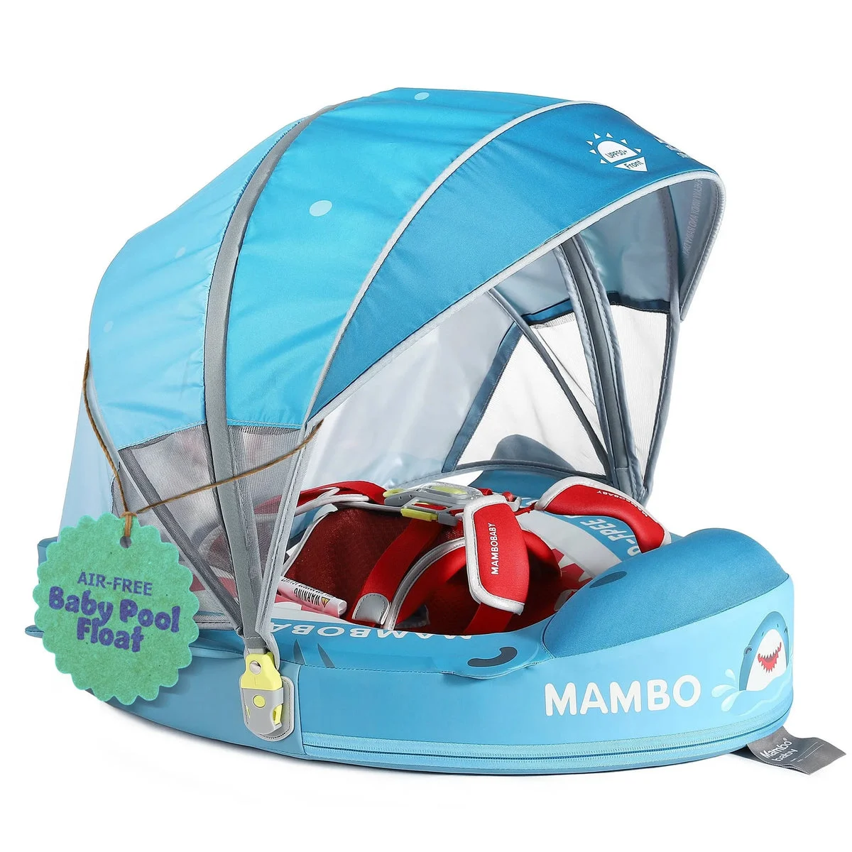 Mambobaby Sunny Navigator Baby Pool Float with Canopy Novelty Float - Shark Jaw Blue