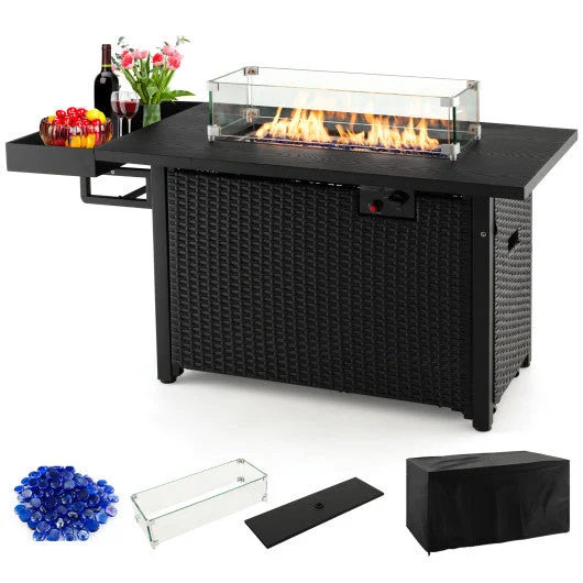 COSTWAY 52 Inches Outdoor Wicker Gas Fire Pit Propane Fire Table With Cover-Black