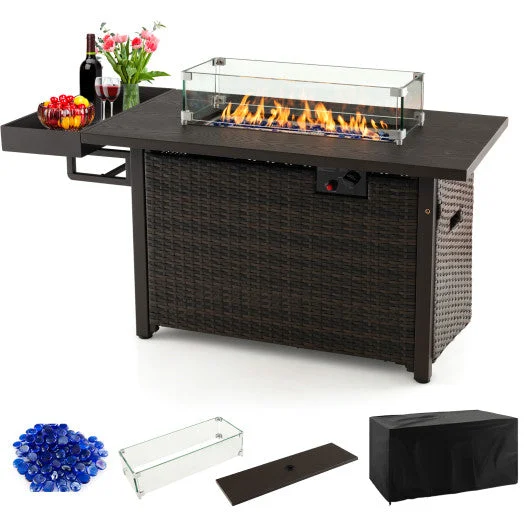 COSTWAY 52 Inches Outdoor Wicker Gas Fire Pit Propane Fire Table With Cover-Brown