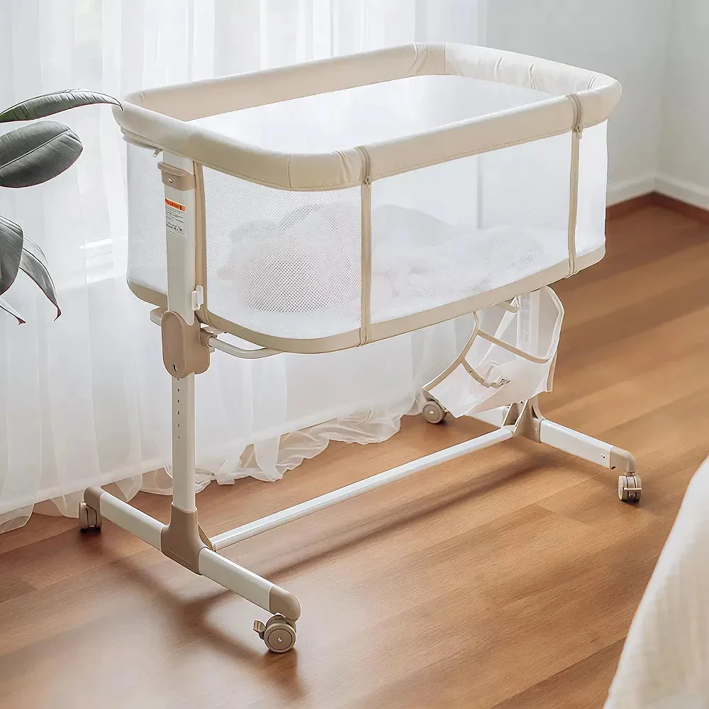 Fodoss Bassinets Bedside Sleeper with Wheels, 7 Height Adjustable, Beige