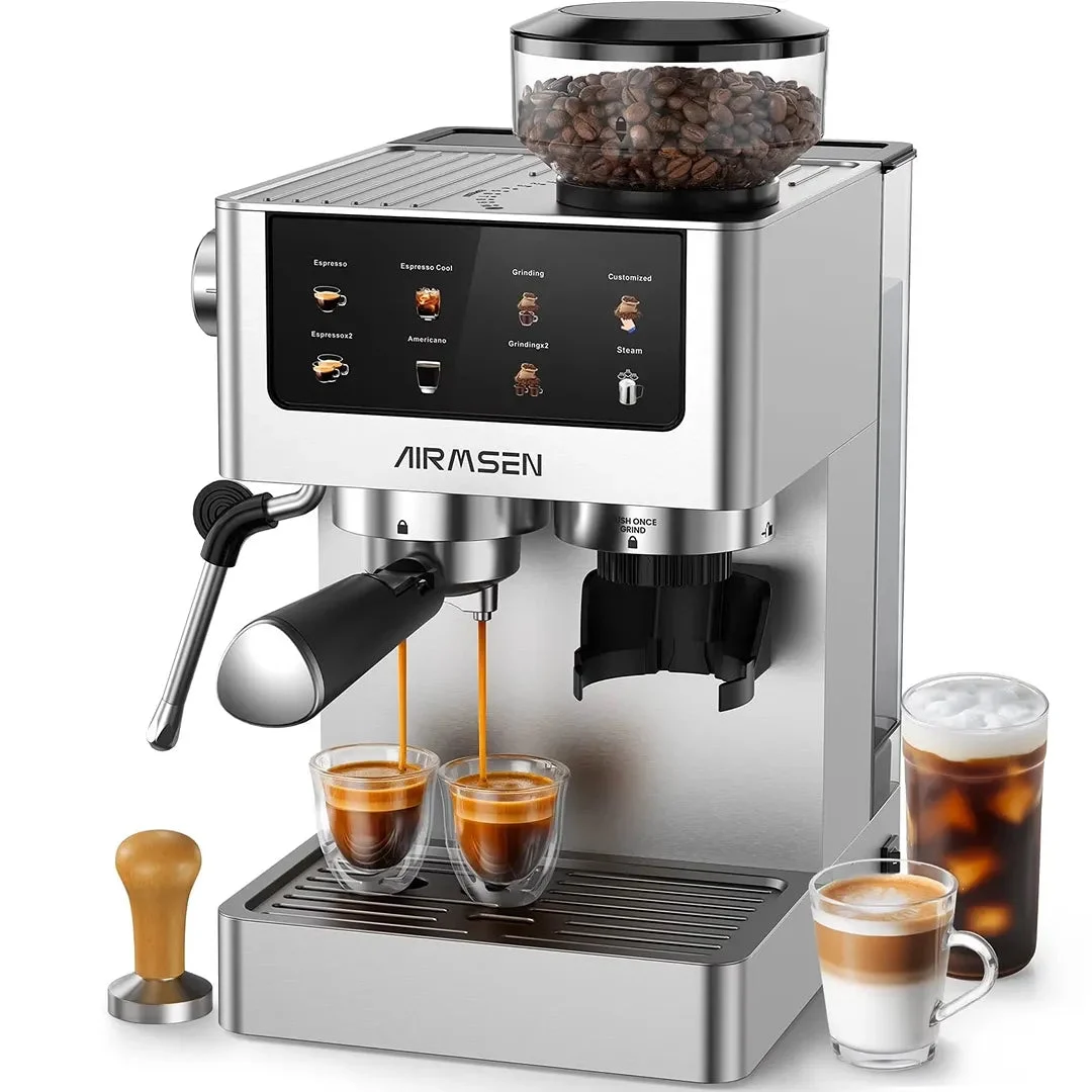 AIRMSEN Espresso Machine with Grinder - Brushed Stainless Steel