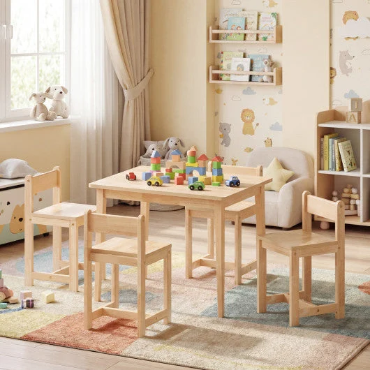 COSTWAY 5-Piece Kids Table and Chairs Set Solid Rubber Wood Toddler Activity Table-Natural