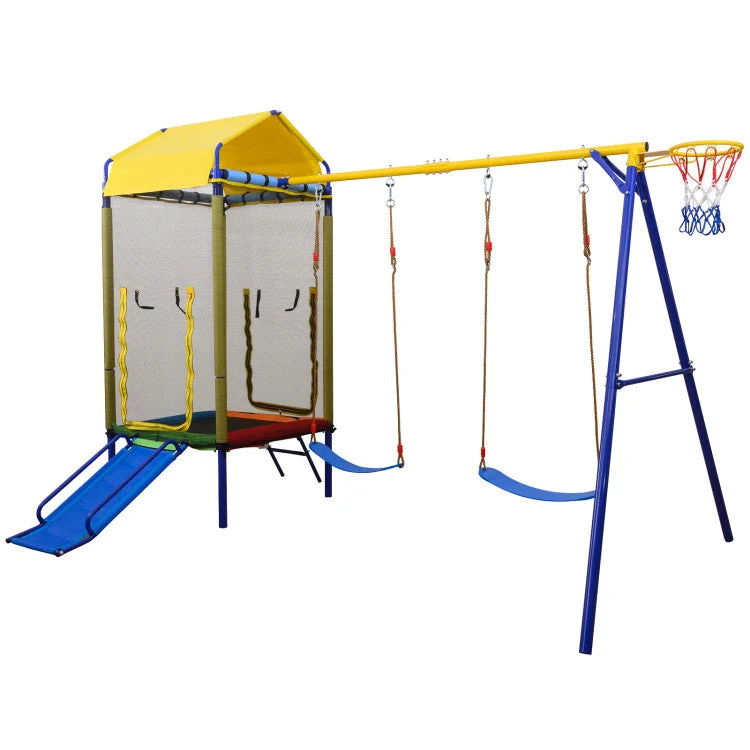 COSTWAY 5-in-1 Kids Swing Set for Backyard With Heavy-Duty Metal Swing Stand-Yellow