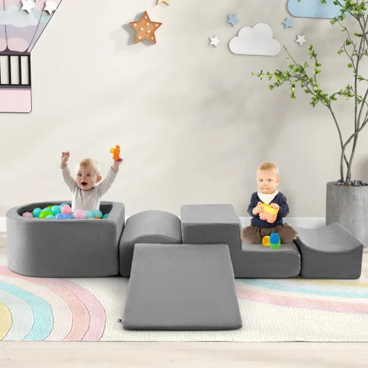 COSTWAY 5-Piece Climb and Crawl Playset With Ball Pit for Kids-Gray