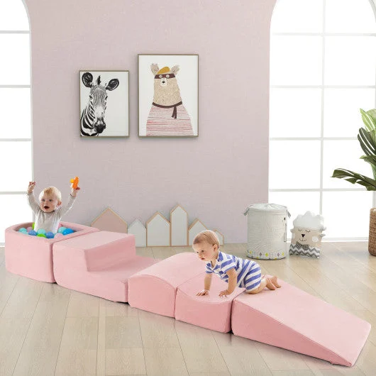 COSTWAY 5-Piece Climb and Crawl Playset With Ball Pit for Kids-Pink