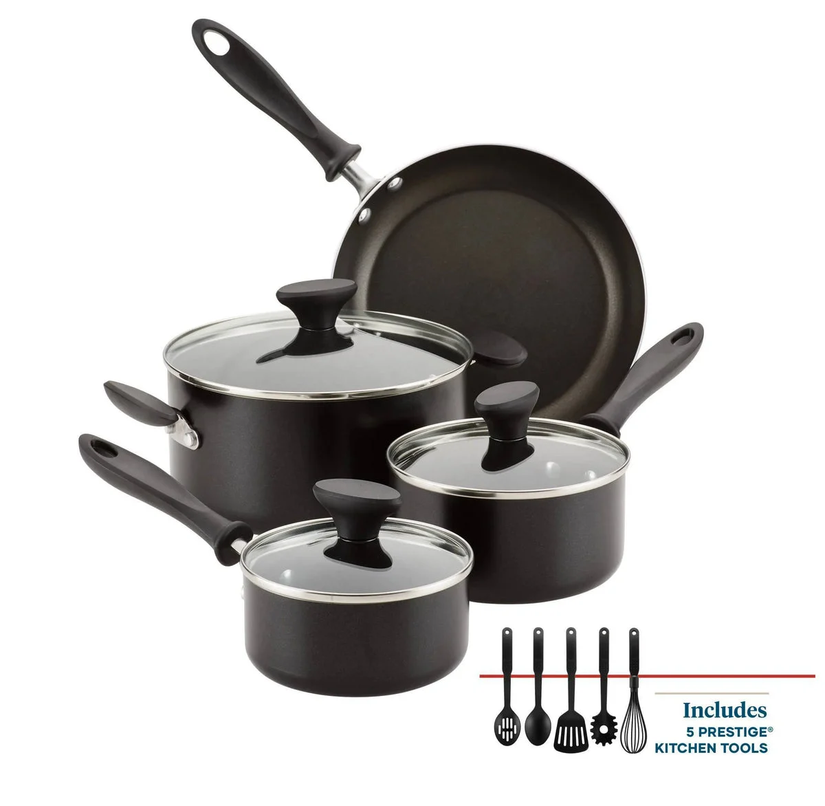 Farberware Nonstick Aluminum Cookware Set with Prestige Tools - Black
