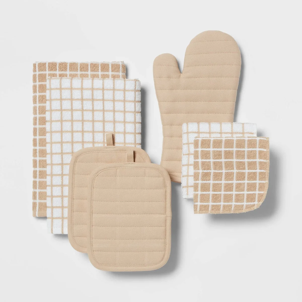 Room Essentials 7pc Cotton Kitchen Textile Set Tan - ™: Includes Oven Mitt, Kitchen Towels, Pot Holders, Dish Cloths