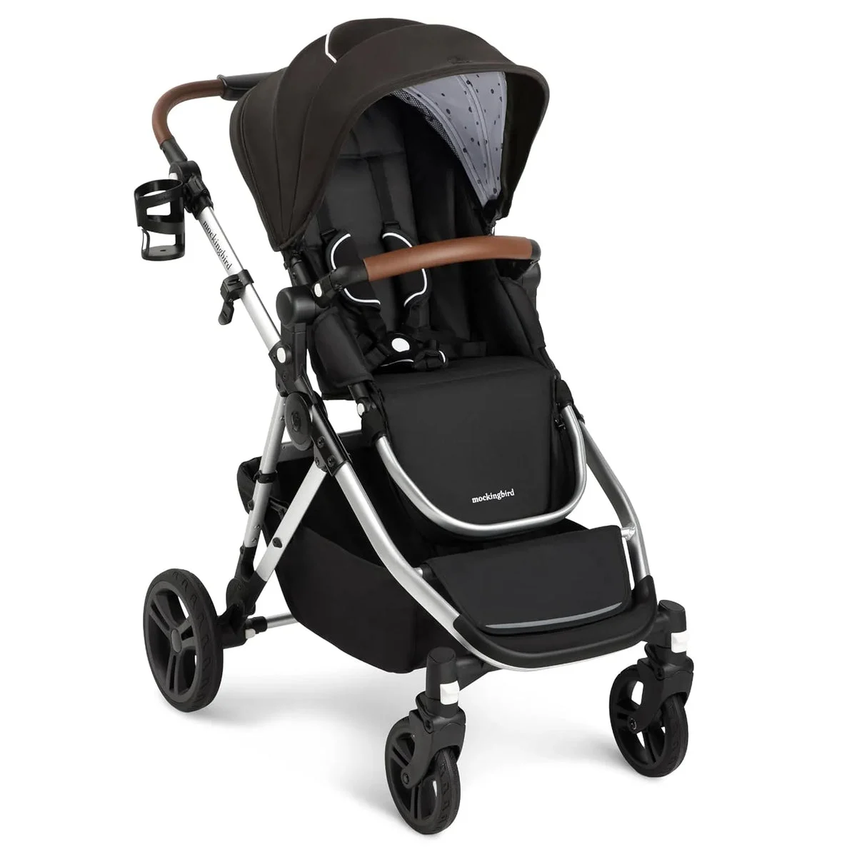 Mockingbird Single-to-Double Stroller 2.0 + Cup Holder - Black with Watercolor Interior Pattern