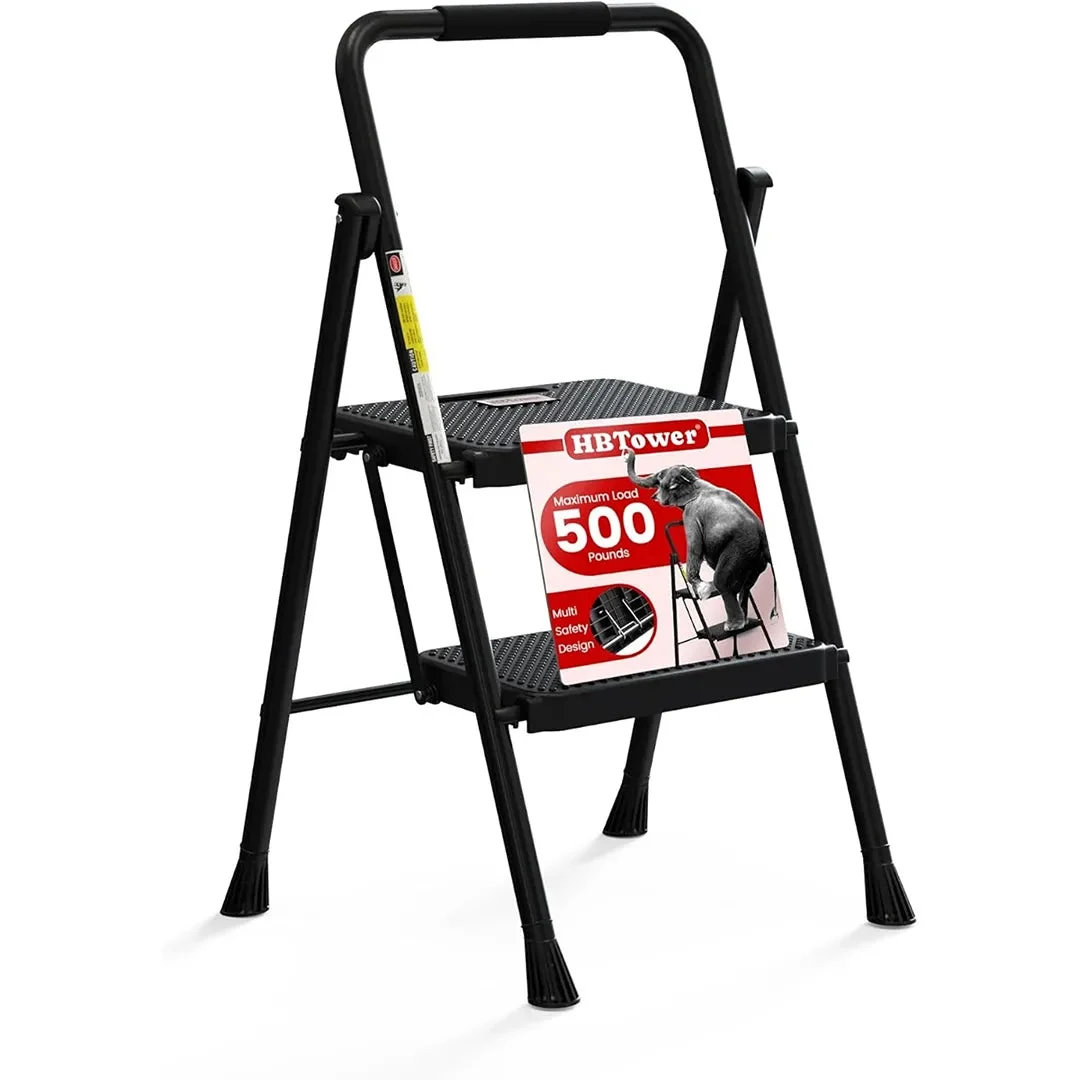 HBTower Folding Step Ladder with Wide Anti-Slip Pedal - Black
