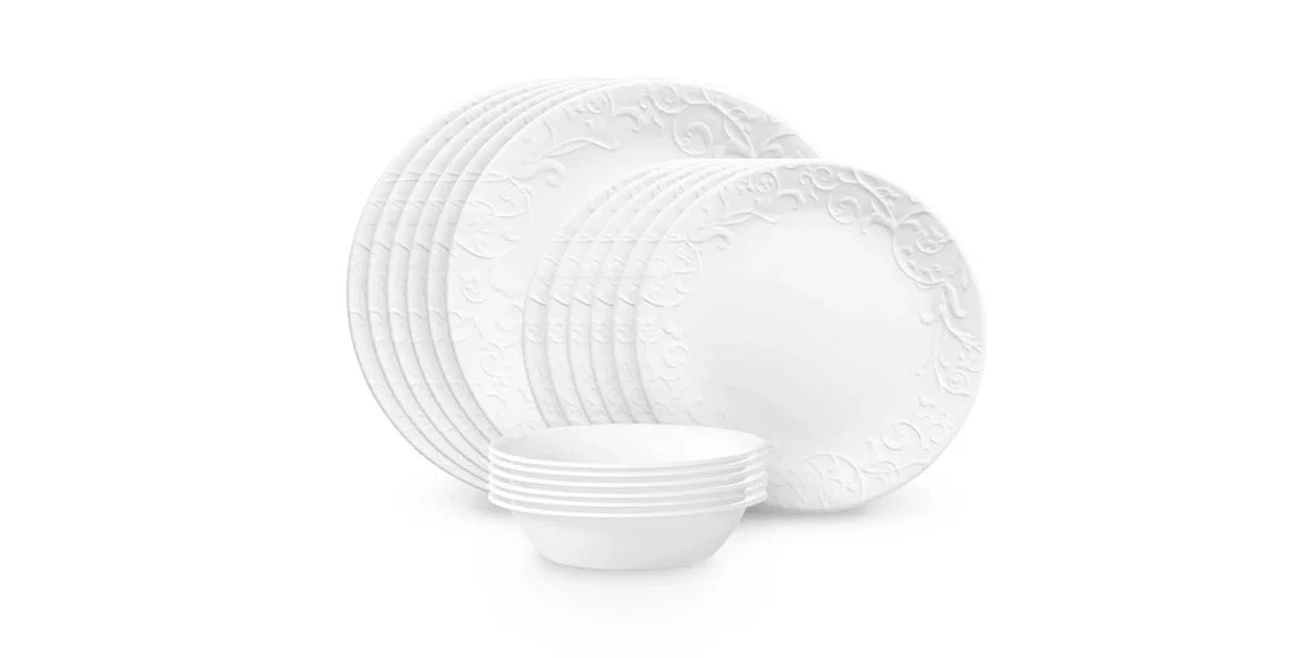 Corelle 18pc Vitrelle Embossed Bella Faenza Dinnerware Set, Service for 6