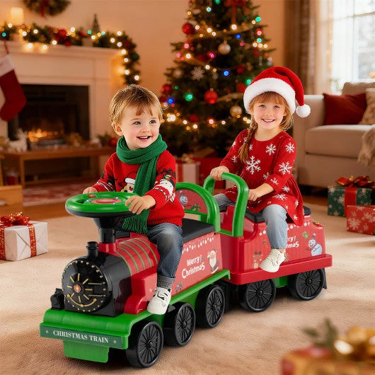 COSTWAY 6V Ride on Train 2-Seater With Carriage and Flashing LED Lights-Green