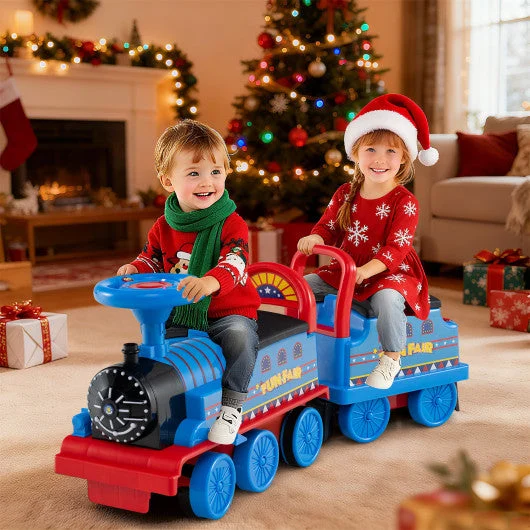 COSTWAY 6V Ride on Train 2-Seater With Carriage and Flashing LED Lights-Blue