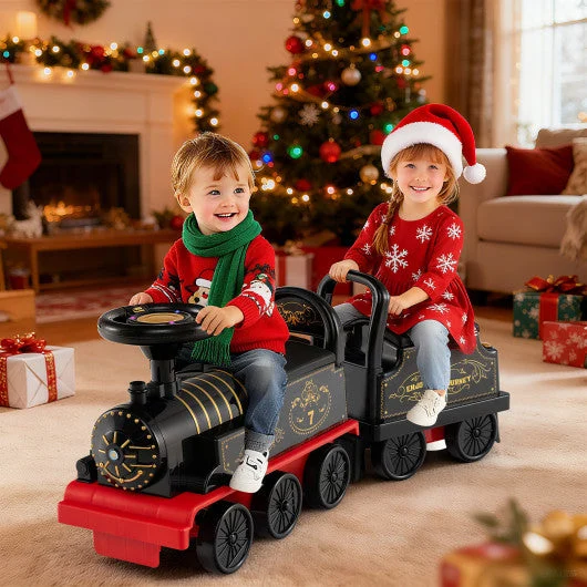 COSTWAY 6V Ride on Train 2-Seater With Carriage and Flashing LED Lights-Black