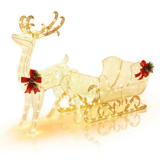 COSTWAY 6 Feet Christmas Lighted Reindeer and Santa's Sleigh Decoration With 4 Stakes-Golden