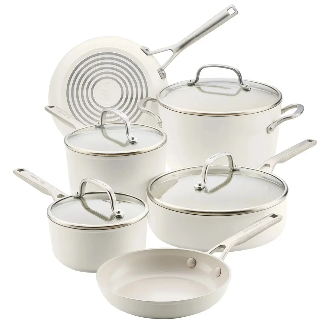 KitchenAid Hard-Anodized 10 Pcs Ceramic Induction Cookware Set - White
