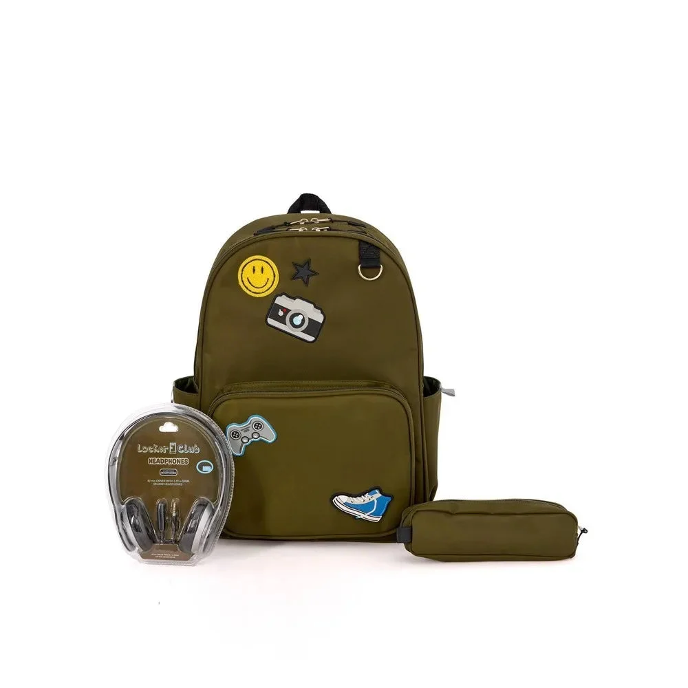 Locker Club Kids' 16L Nylon Backpack with Headphone Pencil Pouch - Olive Green