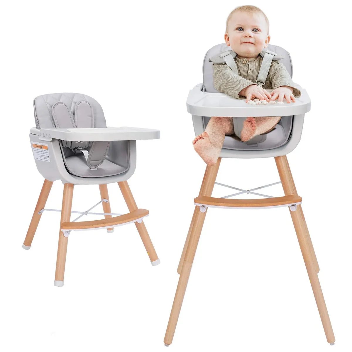 Mallify 3-in-1 Convertible Wooden High Chair, Gray Color
