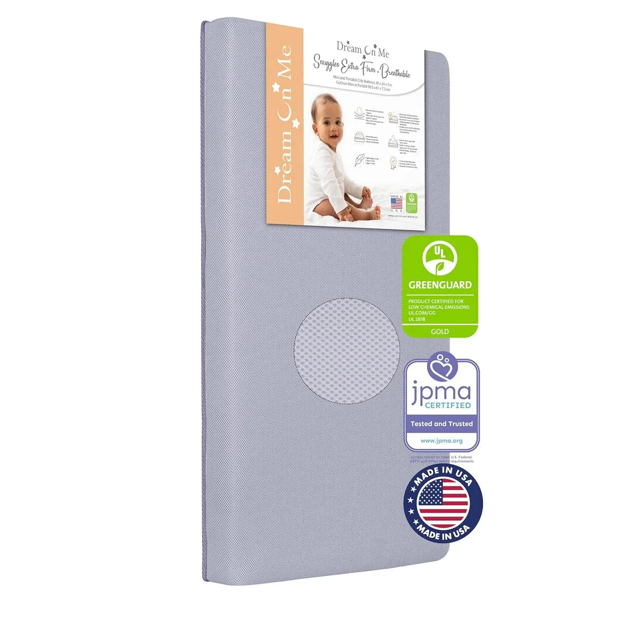Dream On Me Snuggles Extra Firm Baby Crib Mattress, Greenguard Gold and JPMA Certified Crib Mattress, Fits All Portable & Mini Cribs, Waterproof Vinyl Cover, 10 Years Limited Warranty Periwinkle