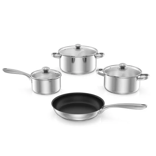 COSTWAY 7-Piece Stainless Steel Cookware Set With Tempered Glass Lid-Silver