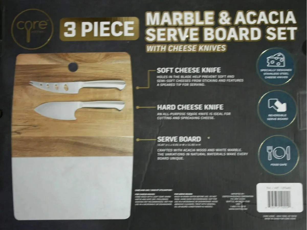 unknown Marble & Acacia Server Board Set with Cheese Knives - 3-Piece Set