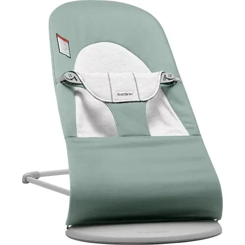 BabyBjörn Bouncer Balance in Soft Woven/Jersey Blend Fabric - Light Sage/Gray on Light Gray Frame
