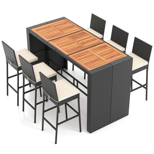 COSTWAY 7 Pieces Patio Rattan Bar Set With Seat Cushions for Porch Yard Garden