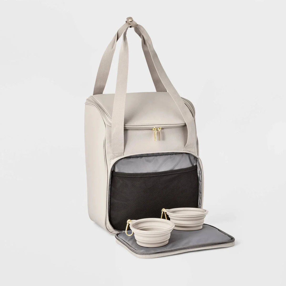 Open Story Pet Travel Gear Bag with Bowls - Taupe
