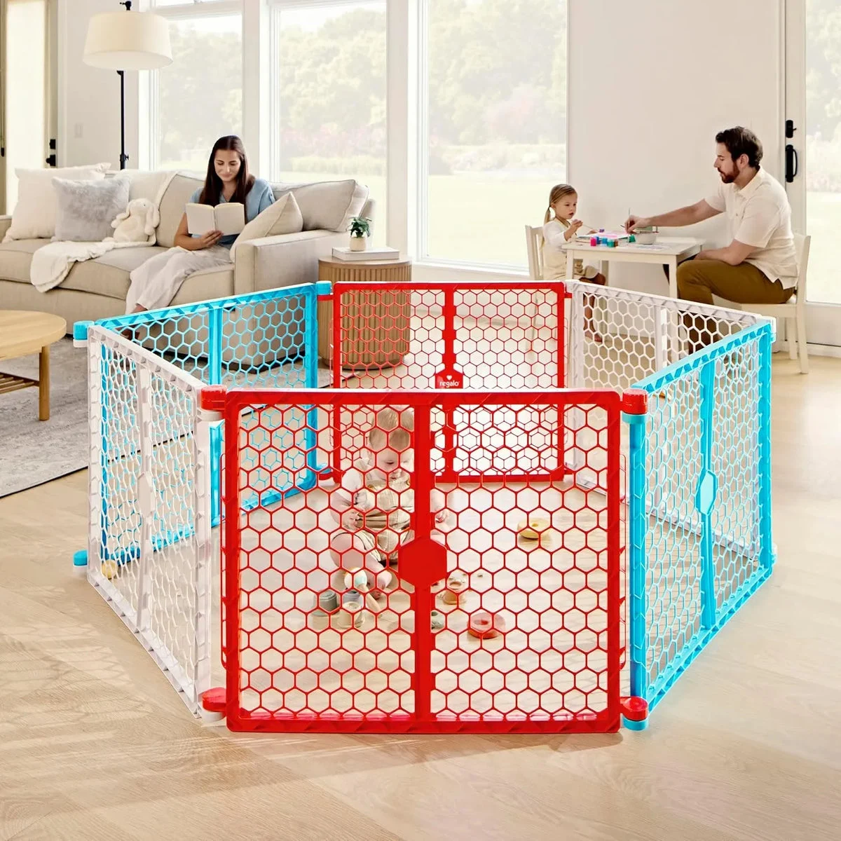 Regalo Super Wide Baby Gate and Play Yard - Red, White and Blue