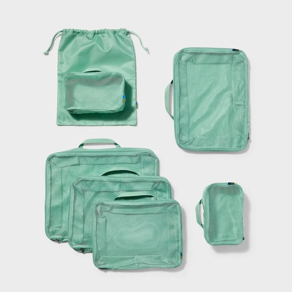 Open Story 7-Piece Packing Cube Set with Compression - Sage Green