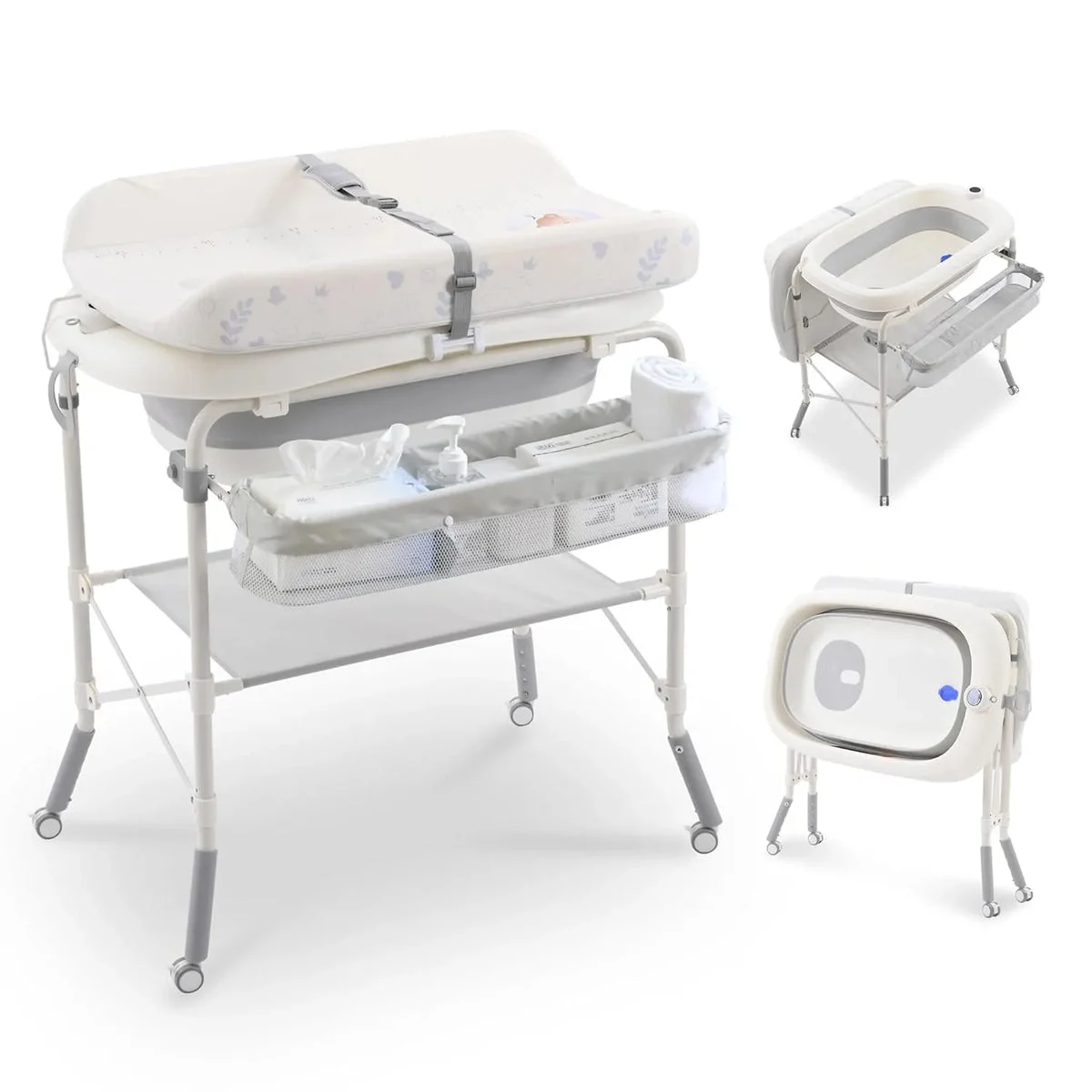 Costway Folding Baby Changing Table with Bathtub and Universal Wheels