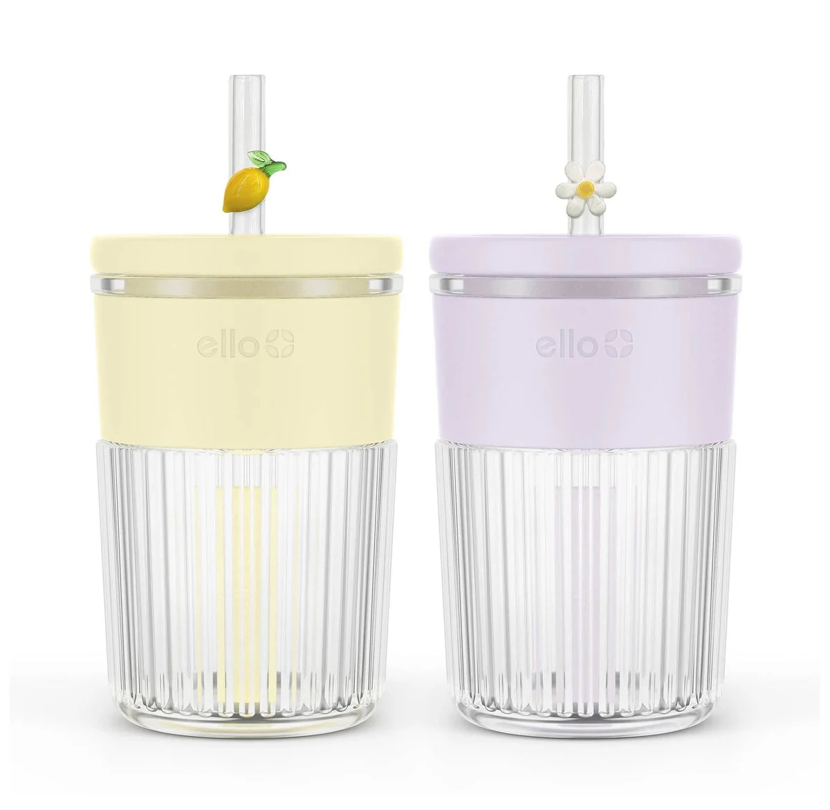 Ello 12oz Glass Straw Tumblers - Lemon Daisy