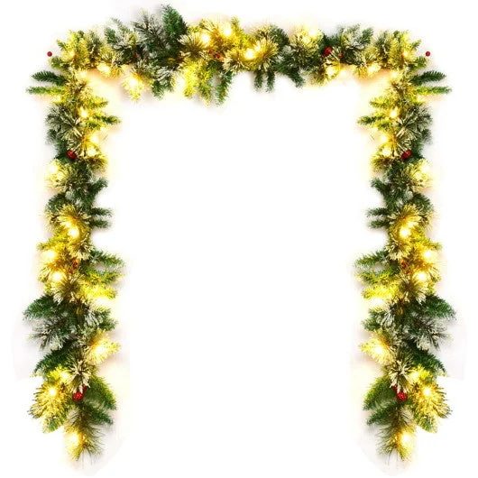 COSTWAY 9 Feet Pre-Lit Snow Flocked Tips Christmas Garland With Red Berries