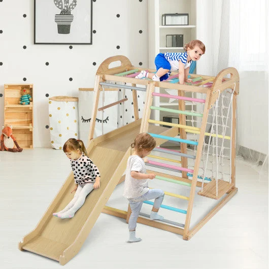 COSTWAY 8-in-1 Jungle Gym Wooden Montessori Climber Playset With Slide and Monkey Bar for Kids 3-5 Years Old-Multicolor