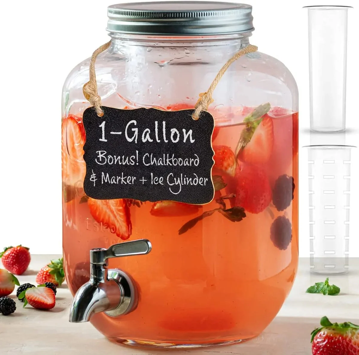 Leraze 1 Gallon Glass Water Dispenser with Stainless Steel Spigot and Chalkboard
