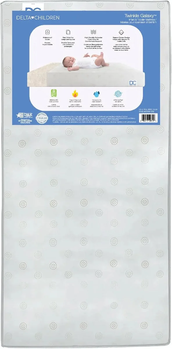 Delta Children Twinkle Galaxy Dual Sided Recycled Fiber Core Crib and Toddler Mattress Fitted Crib Sheets for Girls and Boys (Pack of 2), Safari Friends (Bundle) Crib Mattress + Sheet Safari Friends