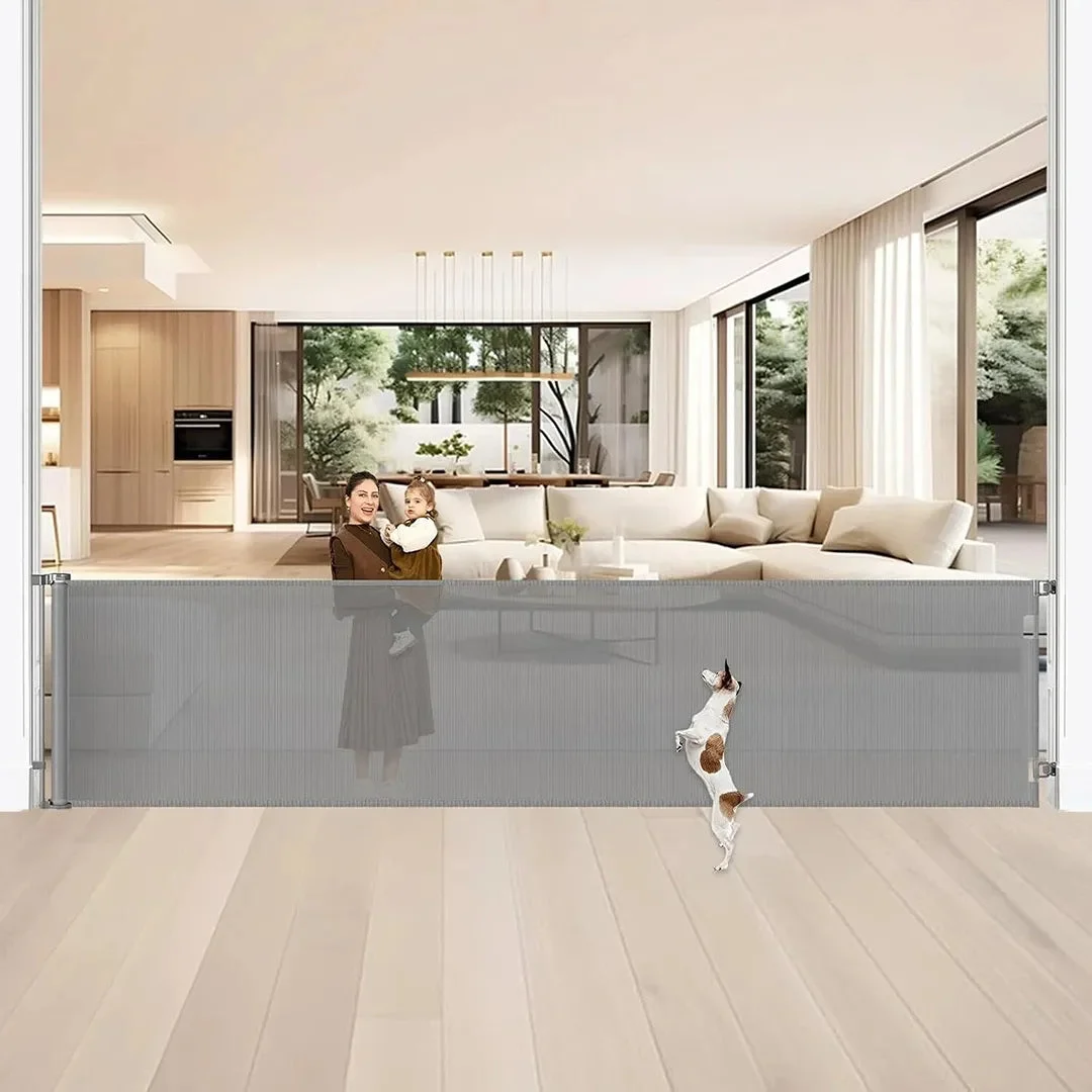 Retract-A-Gate 42” x 200” Extra Wide Black Retractable Baby Pet Gate, Gray