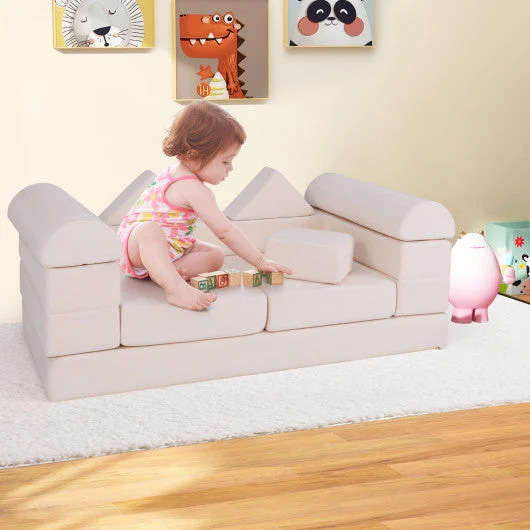 COSTWAY 9-Piece Climb and Crawl Foam and Floor Playset With Breathable Suede Fabric-Beige
