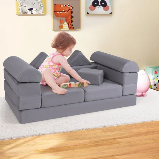 COSTWAY 9-Piece Climb and Crawl Foam and Floor Playset With Breathable Suede Fabric-Gray