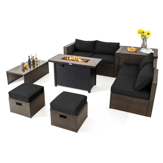COSTWAY 9 Pieces Outdoor Patio Furniture Set With 42 Inch Propane Fire Pit Table-Black