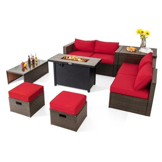 COSTWAY 9 Pieces Outdoor Patio Furniture Set With 42 Inch Propane Fire Pit Table-Red
