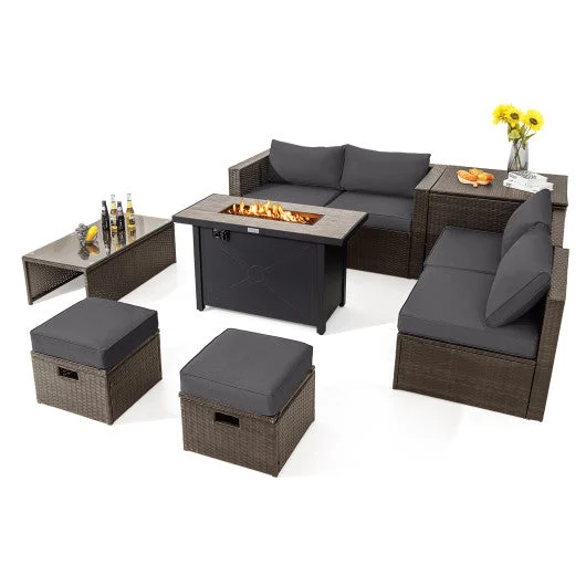 COSTWAY 9 Pieces Outdoor Patio Furniture Set With 42 Inch Propane Fire Pit Table-Gray