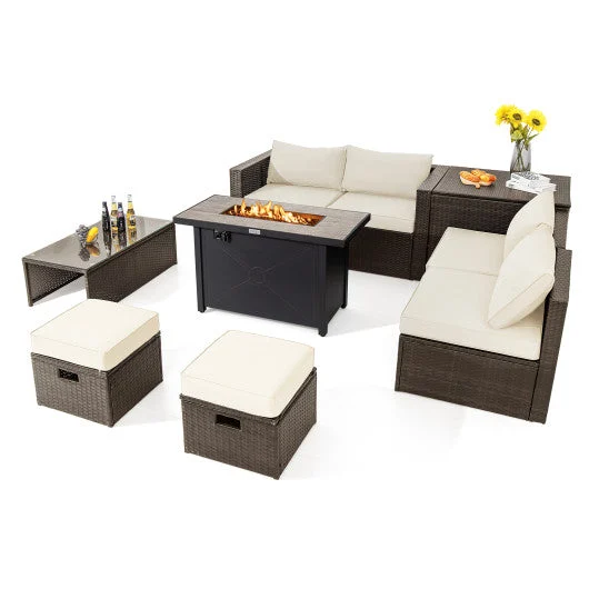 COSTWAY 9 Pieces Outdoor Patio Furniture Set With 42 Inch Propane Fire Pit Table-White